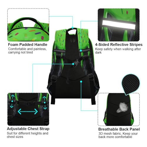 Image of Green Black Ice Cream Cute Backpacks with Chest Strap,Lightweight Bookbags 17 Inch, Casual Daypack Bags