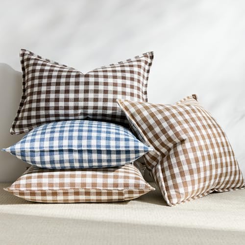 KINDREX Farmhouse Gingham Throw Pillow Covers 20x20 Set of 2, Small Checkered Linen-Textured Cushion Covers with Flanged Edges, Decorative Outdoor Pillowcases for Couch Sofa Living Room,Blue & White by KINDREX - Used condition - Image 6