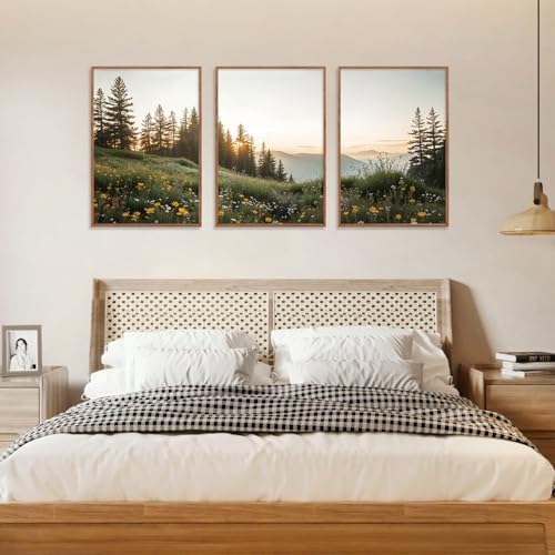 HPNIUB Mountain Canvas Wall Art Set, Framed Forest Nature Wall Decor, 3 Piece Landscape Paintings Artwork, 16x24 Inches Wildflower Pictures for Living Room, Bedroom, Office - 4