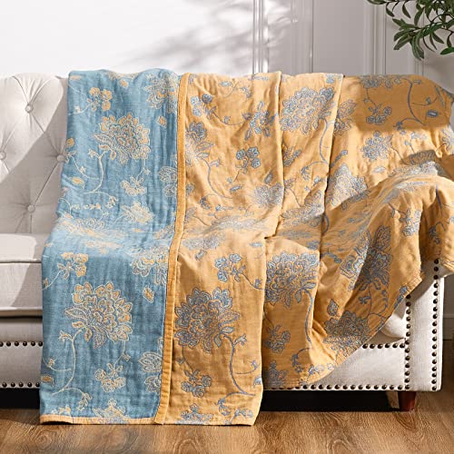 jinchan Boho 100% Cotton Muslin Twin Size 60x80 Inches Blanket Lightweight 4-Layer Quilted Soft Yellow and Blue Floral Throw Blanket Reversible Comfy