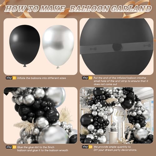 Image of 412Pcs Black and Silver Balloons Arch Kit, Latex Balloons Different Sizes 18 12 10 5 Inch for Birthday, Wedding, Graduation, Anniversary Decorations