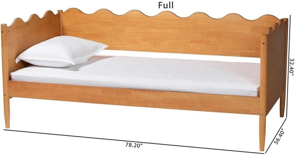 BOWERY HILL Modern Full Size Daybed, Rubberwood and Engineered Wood, Oak Brown Finish, Scalloped Edges, Rounded Posts, Tapered Legs, No Box Spring Required, 78.2" W x 56.4" D x 32.4" H