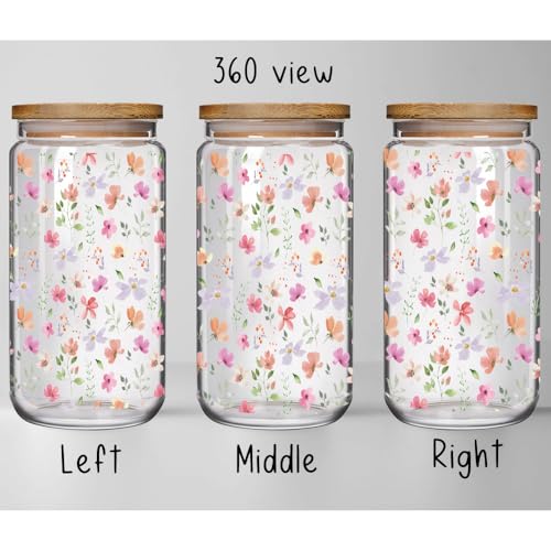 Enanaimg Wildflower Floral 16oz Glass Drinking Cup with Bamboo Lid Christian Gifts for Women Mother, Cute Flower Drinking Glass Gifts for Bestie Mother Birthday Bridesmaid Party