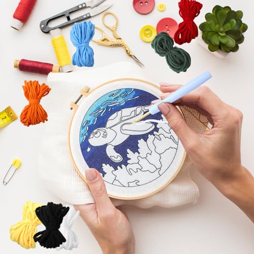 Image of SmoothNovelty Turtles DIY Punch Needle Kits for Beginners with Hoop Embroidery Fabric Instructions Thread Punch Needle Craft Set Easy for Starter Adults and Children Gift Decoration, 20x20cm-4