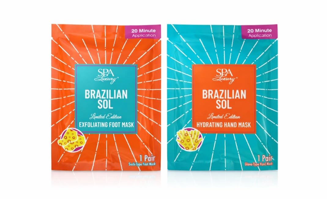 Brazilian Sol Foot & Hand Mask Set Exfoliating Foot Peel Socks + Hydrating Hand Gloves, 20 Minute at-Home Spa Treatment for Dry Skin, Limited Edition (2 Pack)