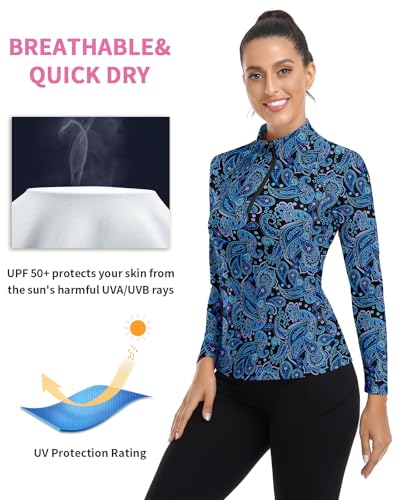 WOWENY Women's Long Sleeve Athletic Shirts Quarter Zip Pullover Collared T-Shirt Workout Print Tennis Top3
