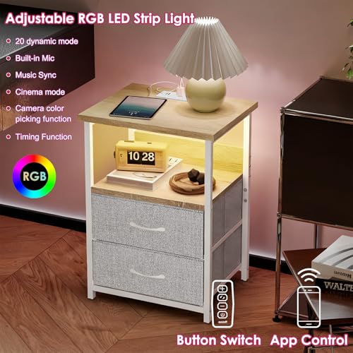 Image of Fixwal Night Stand with Charging Station, LED Nightstand with U-S-B Ports and Outlets, 2 Fabric Storage Drawers with PU Finish, Small Bedside Table, Natural Oak & Light Grey