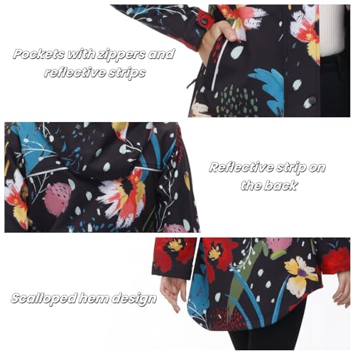 Womens Long Raincoat Waterproof Windbreaker Floral Print Softshell Trench Coat US Size S-2XL2