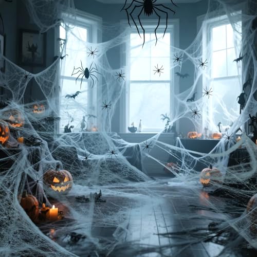 Chyaya Decorações de teias de aranha de Halloween de 100 g com 30 aranhas extra falsas, teias de aranha superelásticas, decorações de Halloween para uso interno e externo, suprimentos de festa para