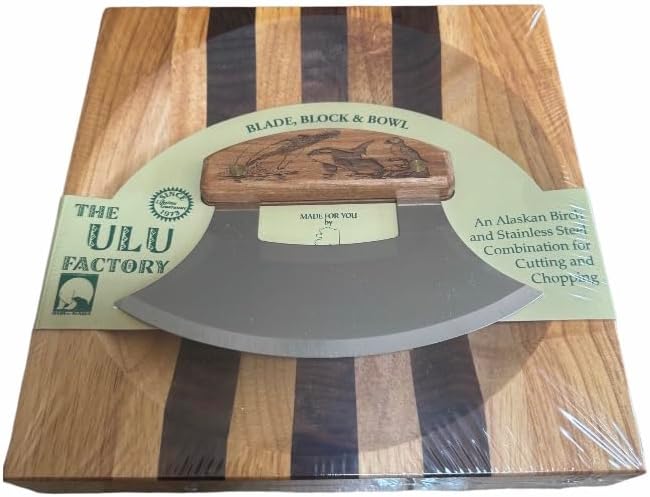 The Ulu Factory Alaskan Birch Wood Ulu Mezzaluna Knife and Bowl Set Ocean Collage Humpback Puffin Orca Whale