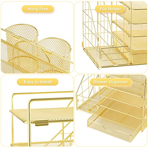 Marbrasse Rose Gold Desk Organizer with File Holder, 5-Tier Paper Letter Tray Organizer with Drawer and 2 Pen Holder, Mesh Desktop Organizer and Storage with Magazine Holder for Office Supplies by Marbrasse - Image 4