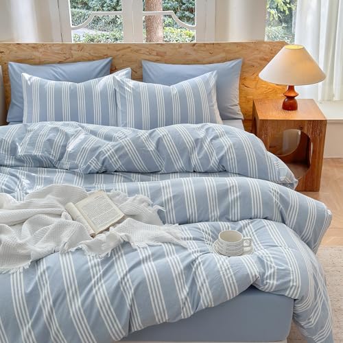 BESTDESIL Blue Striped Duvet Cover Set 100% Washed Cotton Linen Like Super Soft Chic Bedding Set 3 Pcs Cornflower Blue-White King by BESTDESIL - Used condition - Image 6