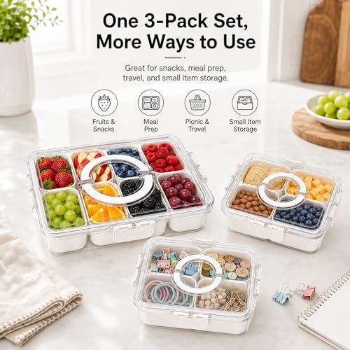3 Pack Snackle Box with Lid, 1 Large 8-Compartment Snack Organizer and 2 Small 4-Compartment Snack Boxes Container, Divided Fruit Veggie Storage Tray for Kids, Fridge, Picnic, Road Trip, Party by KAISENLY - Used condition - Image 5