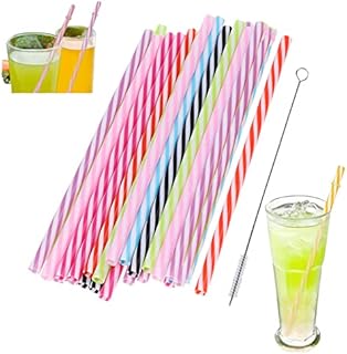 Reusable Plastic Straws,25Pcs Candy-Striped Long Straws Drinking Plastic,Including Straw Cleaner Brush Snorting Kit for Adults Kids Family Bars,Restaurants,Drink Pouches,Bubble Tea,Cold/Hot Drinks