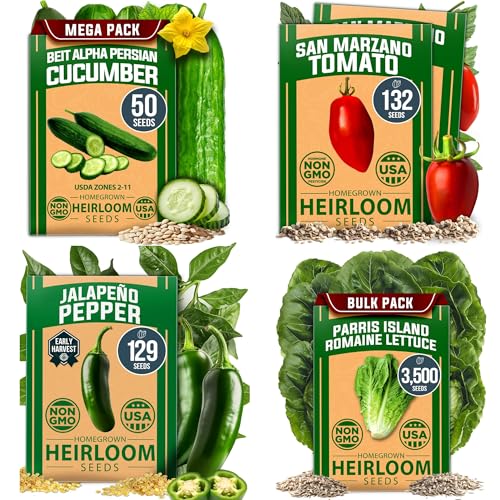 HOME GROWN Vegetable Garden Seeds Kit – 3,682+ Non-GMO USA Seeds – San Marzano Tomato, Parris Island Romaine Lettuce, Persian Cucumber & Pepper – Indoor/Outdoor High Germination Veggie Variety