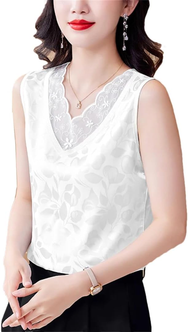 Satin Jacquard Tank Top Spring Summer Women's Lace Camisole V-Neck Vest Shirt