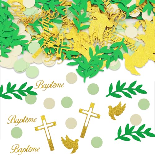 lafo Lot de 300 confettis décoratifs pour baptême avec croix dorée, colombe et bapteme | Décoration à disperser pour décoration de table baptême communion | Décoration à paillettes dorées, vert clair