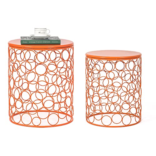 Adeco Home Garden Accents Circle Wired Round Iron Metal Nesting Stool Side End Table Plant Stand, Bubble Pattern, Orange Red, Set Of Two #TOP13