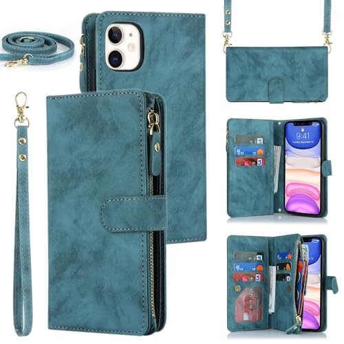 Étui portefeuille iPhone 11 bleu iCoverCase avec fermeture éclair et fentes pour cartes