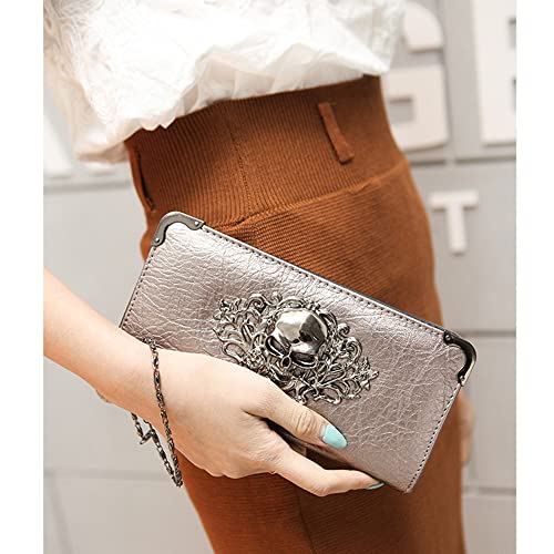 Skull Wallets for Women Zipper Wallet Shiny Faux Leather Clutch Handbags Chian Wristlets Bag Card Pockets Long Cion Purse-Rose red, Silver2