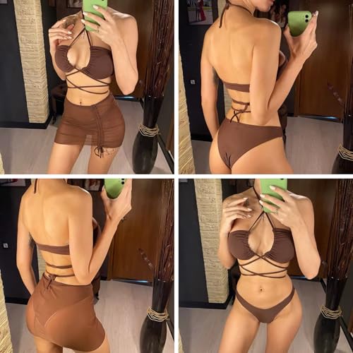 Women's 3 Piece Criss Cross Halter Bikini Set Sexy Cutout Wrap Strappy Swimsuit with Drawstring Mesh Beach Cover Up Skirt3