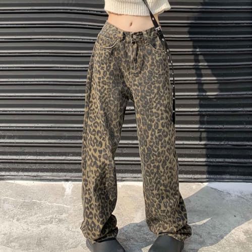 Leopard Print Jeans for Women Y2k Trendy Streetwear Cheetah High Waisted Wide Leg Denim Pant Various Style and Plus Size2