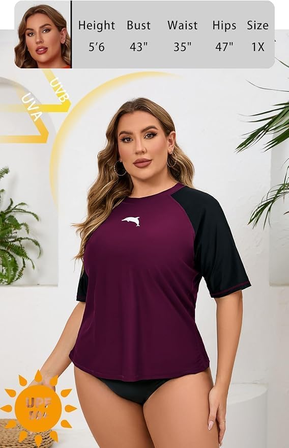 Halcurt Women's Plus Size Rash Guard Short Sleeve Swim Shirts Loose Fit UPF50+ Sun Protection Swimsuit Top Only - Image 5