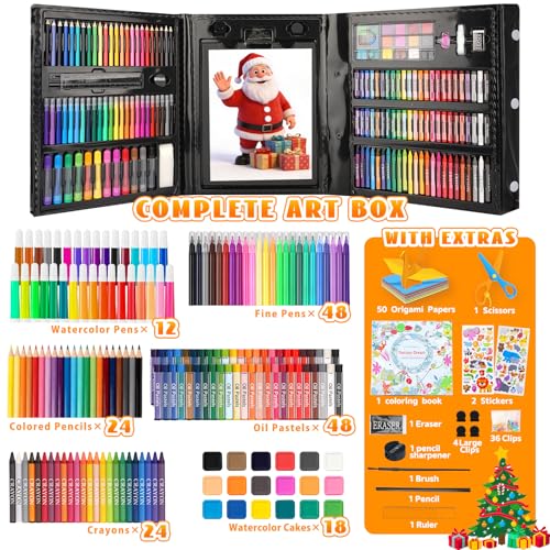 Art Supplies,297 Pack Art Set Drawing Kit for Girls Boys Artist, Deluxe Gift Art Box with Trifold Easel,Includes Oil Pastels, Colored Pencils, Coloring Book, Scissors, Apron,Origami Paper 40 Sheets — view 2