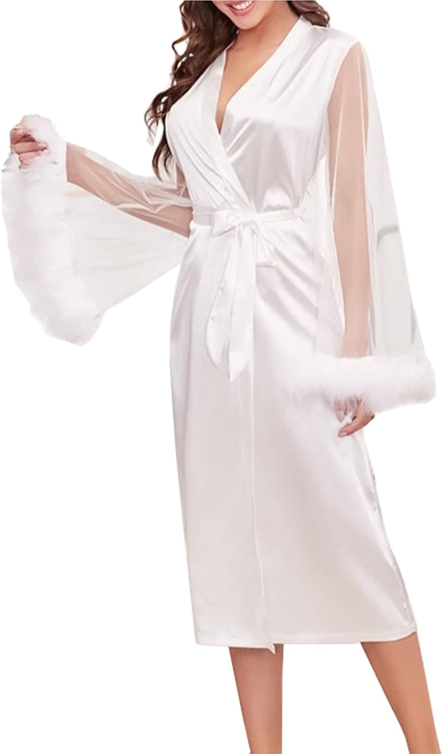 Women Sexy Long Lace Lingerie Kimono Robe Imitation Silk Sheer Babydoll Nightgown Maxi Long Nightdress,White,L
