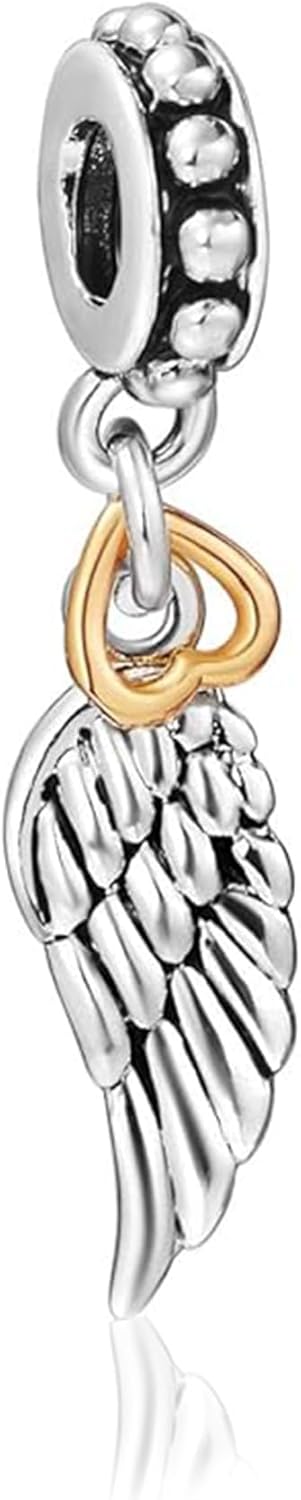 Bolenvi Guardian Angel Wing Heart Bead Charm - Authentic 925 Sterling Silver Charms Compatible with Pandora & Similar Bracelets, Necklaces & DIY Jewelry - 14K Gold Plating