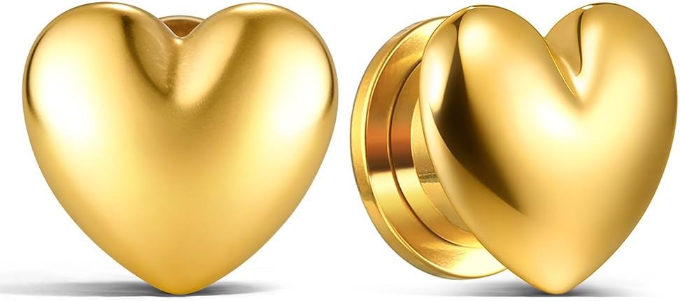 Casvort 2 PCS Hypoallergenic 2G-1‘’ Classic Chunky Heart Ear Tunnels 316 Surgical Stainless Steel Comfy Screw Back Ear Gauges Plugs Gift Body Piercing Jewelry