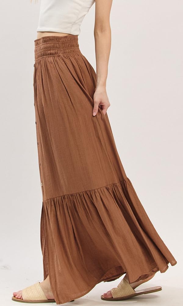 Summer Long Maxi Smocked Skirt for Women Casual Boho Beach Button Accent High Waist Tiered Split Skirt with Pockets - Image 3