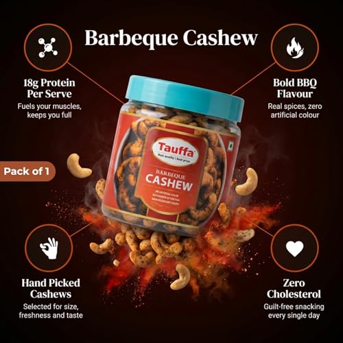 Image of Tauffa Barbeque Cashews 250g | Smoky BBQ Roasted Whole Kaju | Crunchy Masala Kaaju Nuts | Ready-to-Eat | No Added Oil or Colours