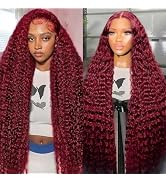 Fuduete 30 Inch 99J Burgundy Deep Wave 13x6 Lace Front Wigs Human Hair 200% Density Lace Frontal ...