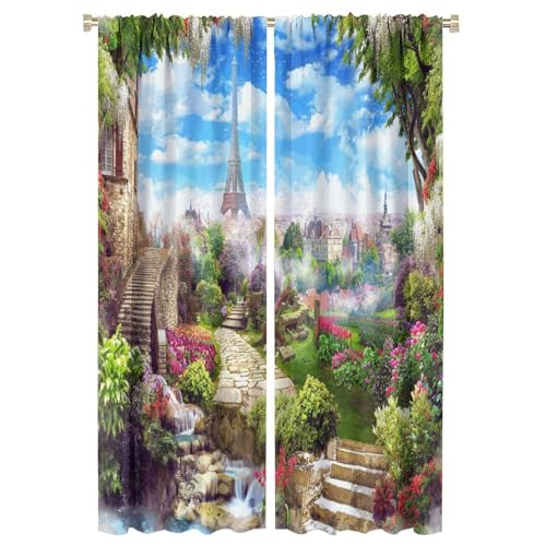 LOMADIA Eiffel Tower Blackout Curtain, Cartoon Style European City Landscape Paris Tower Pattern Window Treatments 2 Panels Drapes for Bedroom Living Room Kitchen Office Decor 42x63in