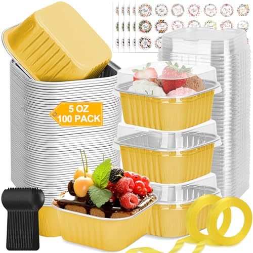 100 Pack Mini Cake Pans with Lids and Spoons, 5oz Square Aluminum Foil Loaf Pans Gold Small Cake Tins Disposable Baking Pans Dessert Cupcake Cups with Ribbon Decals for Wedding Birthday Party Picnics by LifeisLuck - Used condition - US$20.29