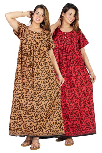 Image of Kuruti B Sheets Cotton Nighty for Women Jaipuri Print 2 Button Round Neck Short Sleeve Night Gown | Maxi Dress