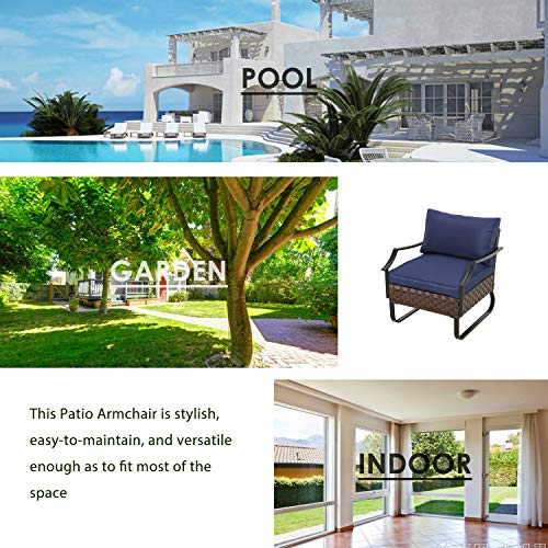 Lokatse Home Outdoor Patio Furniture Modern Rattan Wicker Sofa All Weather Steel Frame Chair Conversation Single Armchair With Cushion, Blue #TOP27