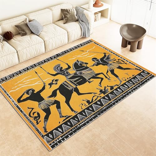 Tapis Salon 120 x 170 cm RéTro Guerrier Grec Tapis Doux Lavables Antidérapant pour Chambre Decoration, Couleur Orange Moquette pour Salle à Manger Porche