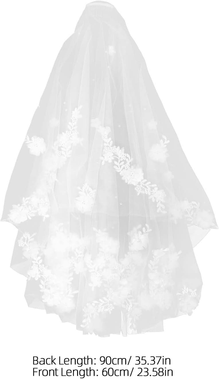 LIOOBO Wedding Bridal Double Layer Lace Veil Drop With Hair Comb Flower Lace And Pearl Chapel Hair Accessories For Brides And Women