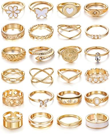 KISS WIFE 24Pcs Gold Knuckle Rings Set for Women Girls, Vintage Stackable Boho Midi Joint Finger Rings, Alloy Resin Rhinestone Pearl Y2K Rings, Butterfly Snake Cute Ring Pack, Trendy Jewelry Gifts (24pcs style A)