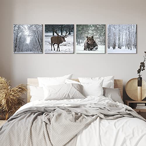 Sungeek Canvas Wall Art Prints 4 Pieces Modern Picture Framed Bear Deer Snow Scene Artwork Paintings for Bedroom Living Room Kitchen 30x30cm Home Wall Decoration Paintings steampunk buy now online