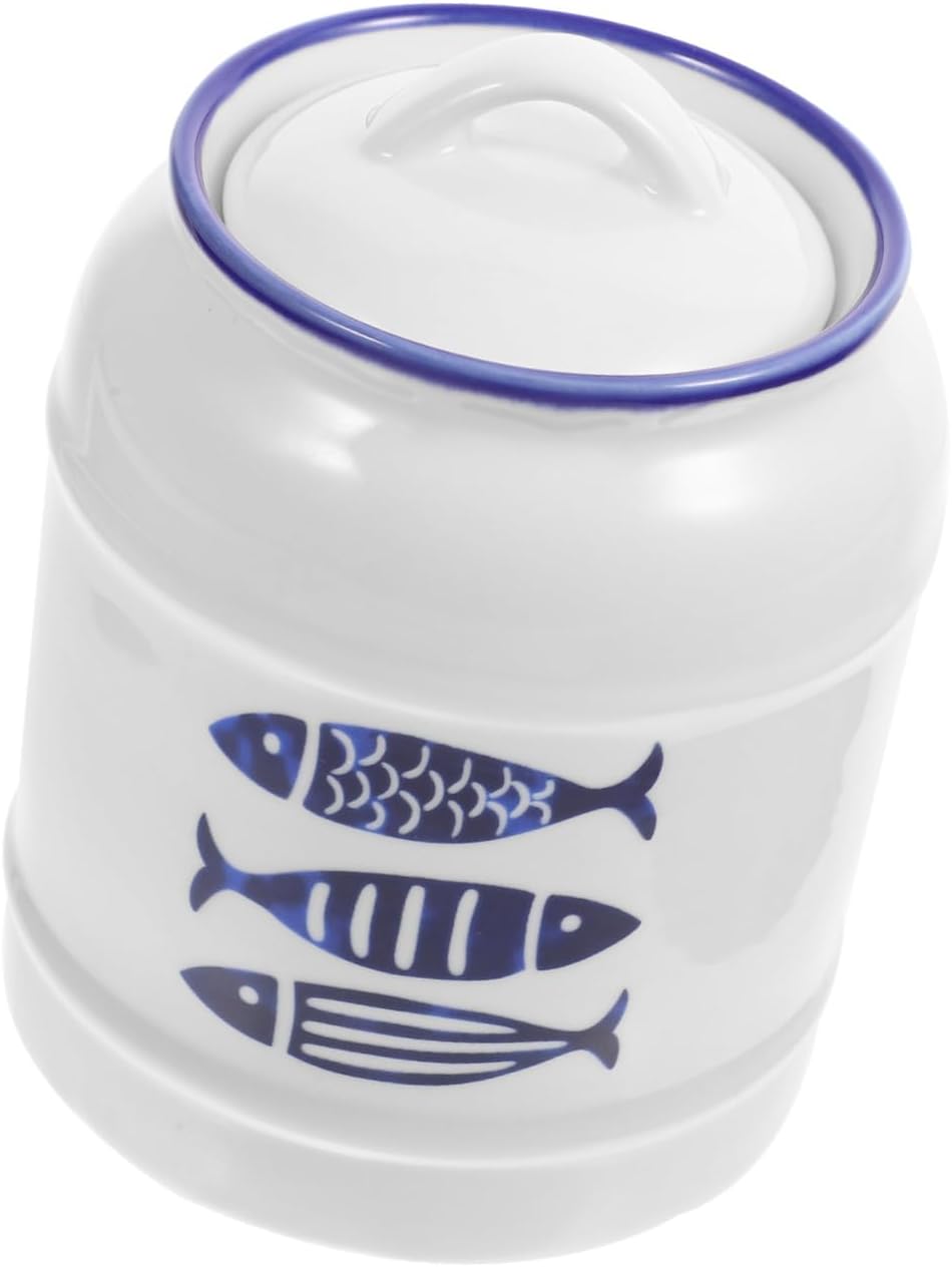 Ceramic Cereal Storage Container 750Ml Airtight Kitchen Canister with Lid White Japanese Blue Fish Pattern Multi-Purpose Food Organizer for Pantry and Countertop