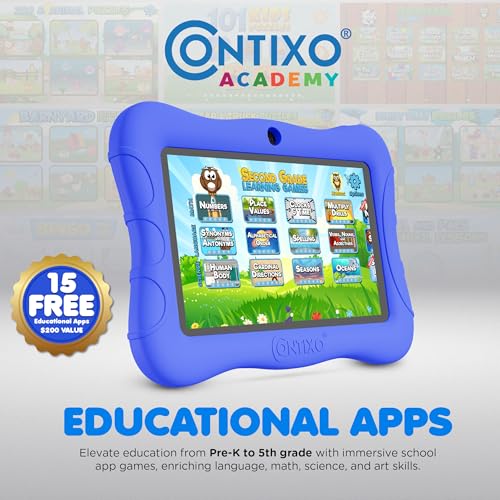 Image of Contixo 7 inch Kids Tablet Bundle - Ages 3-7, Android Tablet and Kids Headphones, Toddler Tablet with 14+ Games and Educational Apps, 32GB ROM, Android 11, Learning Tablet for Kids - Dark Blue