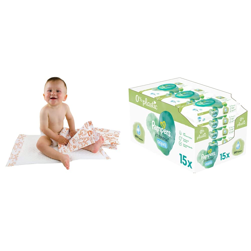 Teqler Baby-Wickelunterlagen: Wickelunterlagen mit verschiedenen Motiven für unterwegs, hygienisch mit Superabsorber 40 x 60 cm (50-er Pack) & Pampers Harmonie Aqua Baby Feuchttücher, 720 Tücher