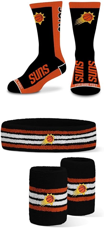 For Bare Feet Phoenix Suns Fan Bundle NBA Youth MVP Crew Socks + Official Headband & Wristband Combo Pack (Youth OSFM)