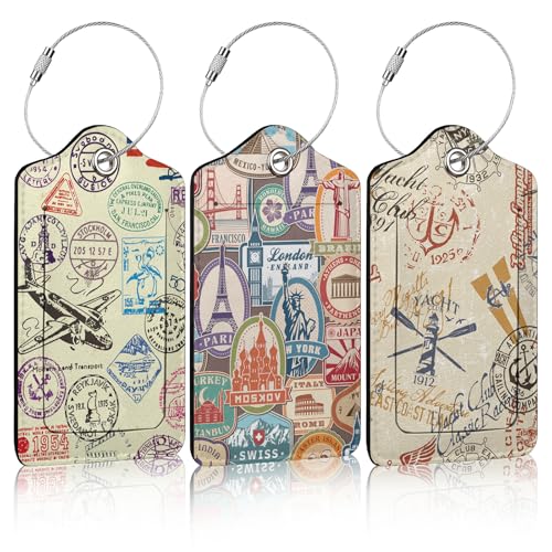 3 Pack Retro Travel Stamp Luggage Tags for Suitcase Travel Stickers PU Leather Luggage Tag Privacy Cover ID Label for Women Men Baggage Backpack Handbag School Bag