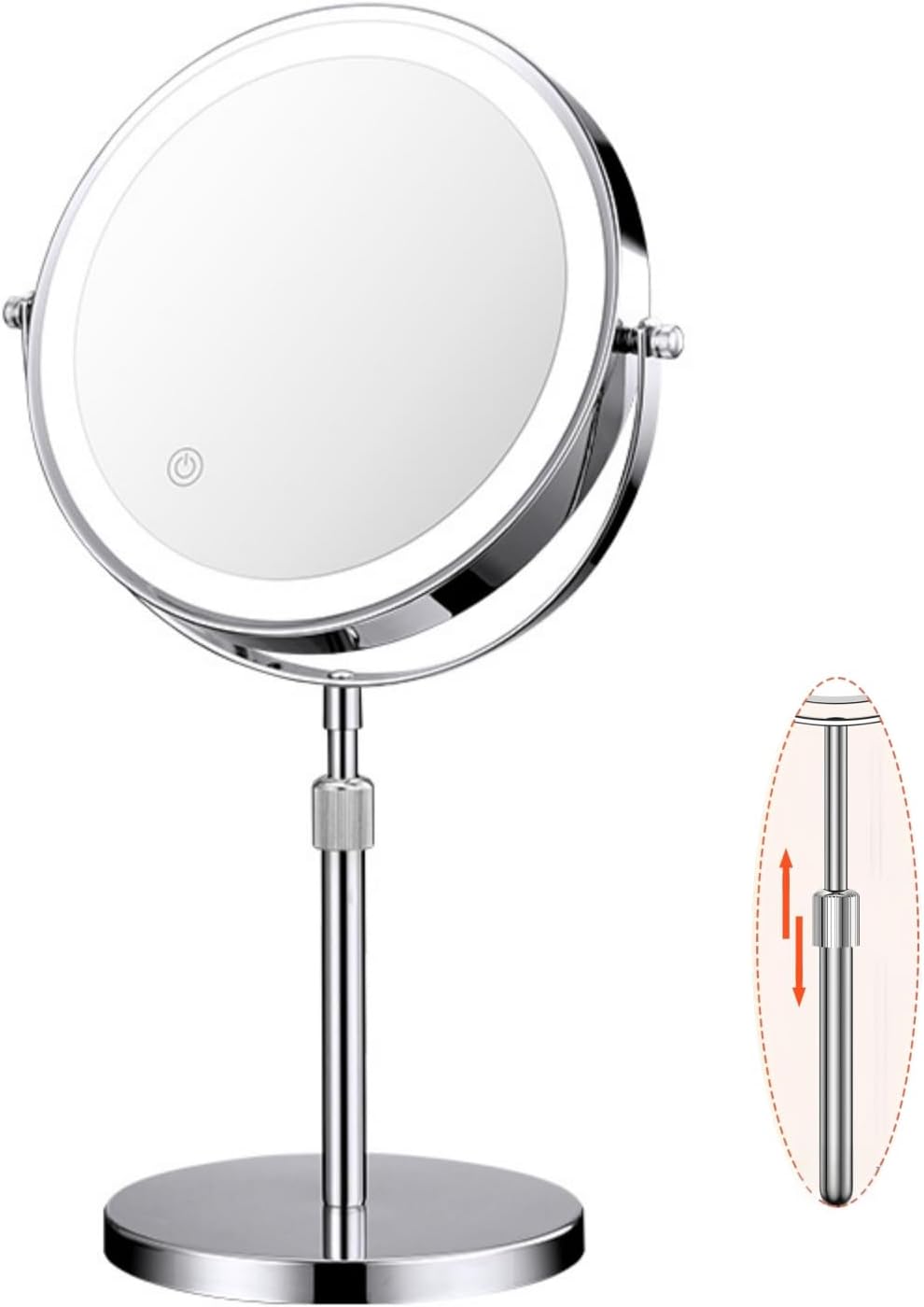 10X Lighted Makeup Mirror, 360° Rotation and Liftable, 3 LED Light Setting, Rechargeable Double Sidede Magnifying Vanity Mirror, Adjustable Brightness Cosmetic Light up Mirror, Silver
