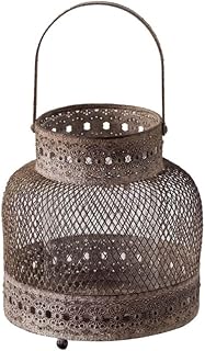 Rustic Metal Mesh Candle Lantern with Handle | Vintage Boho Design, Decorative Cutout Detail, Indoor & Outdoor Use, Tabletop or Hanging, Antique Finish