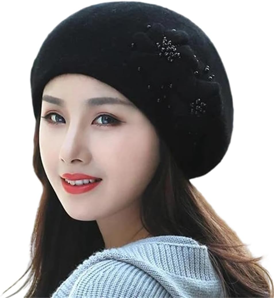 Women's Winter Knit Beanie with Flower Pearls Detail Warm Soft Classic Outdoor Accessory Cap